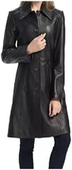 NEMS Women's Genuine Lambskin Leather Black Trench Coat 100% Soft Overcoat Jacket