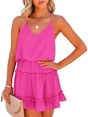 Newffr Womens V Neck Summer Mini Dress Sleeveless Ruffle Spaghetti Strap Racerback Flowy Beach Vacation Sundresses