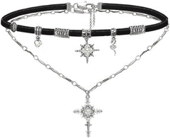 Retro stylish Star Cross Pendant Necklace Faux Leather Women's Collar Personalized Double Layer Necklace M2592