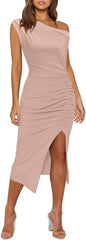 OWIN Women's Sexy Elegant Off Shoulder Sleeveless Side Slit Ruched Bodycon Wedding Guest Cocktail Party Midi Dress