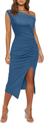 OWIN Women's Sexy Elegant Off Shoulder Sleeveless Side Slit Ruched Bodycon Wedding Guest Cocktail Party Midi Dress