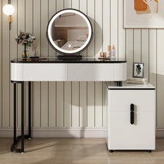 Modern Vanity Table with Tempered Glass Top, Adjustable Height Legs, Multi-functional Storage Cabinet and Round Mirror
