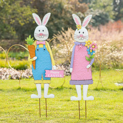 Glitzhome 36"H Set of 2 Metal Easter Bunny Girl & Boy Yard Stakes Porch Sign Wall Decor