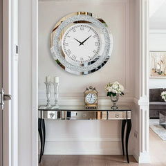 Round Mirror Clock Tinted Crushed Diamond Mirrored Wall Clock - 24"x1.8"x24"