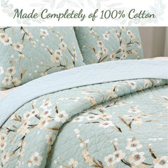 Cozy Line Cream Cherry Blossom Floral Cyan Blue Green Quilt Bedding Set
