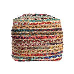 HomeRoots 18" Natural and Rainbow Braided Jute And Polyester Striped Pouf Ottoman