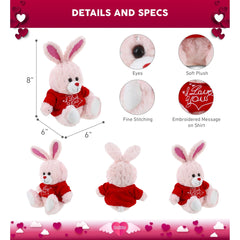 DolliBu I LOVE YOU Rose Gold Bunny Plush Animal with Red Shirt - 8 inches