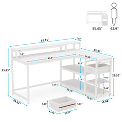 L Shaped Desk with Drawer, Home Office Corner Desk with Storage Shelves and Monitor Stand, Rustic PC Desk for Small Space