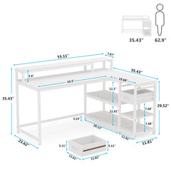 L Shaped Desk with Drawer, Home Office Corner Desk with Storage Shelves and Monitor Stand, Rustic PC Desk for Small Space