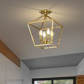 4-Light 12 in. Gold Cage Lantern Farmhouse Semi-flush Mount