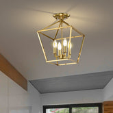 4-Light 12 in. Gold Cage Lantern Farmhouse Semi-flush Mount