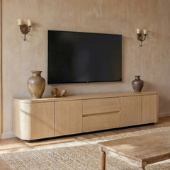 Modern Oak Wood TV Stand with 2 Drawers and Cabinets, 86.6" Long Media Console with Push-to-Open Doors, Anti-Tip Safety Design