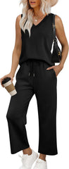 WIHOLL Two Piece Set for Women Summer Outfits Vacation Trendy Lounge Sets V Neck Matching Sets
