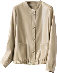 Women Short Jackets O-Neck Covered Button Slim Sheepskin Jackets Coats