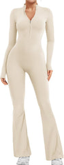 YEOREO Women Long Sleeve Flare Workout Jumpsuit Zip Up Romper Bottom Pants Wide Leg Bodysuit Bodycon Sexy One Piece