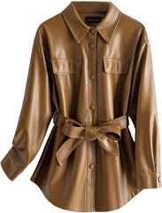 Women Shirt Style Leather Turn-Down Collar Lace-Up Slim Leather Coat Split Jacket