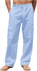Cambkatl Men's Straight Leg Casual Linen Sweatpants Elastic Waist Loose Stretch Outdoor Hiking Cargo Pants with Pockets