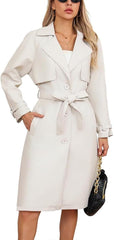 utcoco Womens Faux Leather Long Trench Coat Notched Lapel Single Breasted PU Blazer Coats Overcoat with Belt