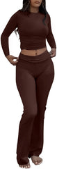 AYWA Women's 2 Piece Outfits Foldover Flare Pants Long Sleeve Crew Neck T-shirt Fitted Pajama Sets
