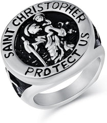 Vintage Patron Saint Christopher Titanium Steel Ring for Men – Religious Protection Amulet