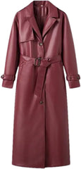 Mnjyihy Women's Faux Leather Jacket Retro Fashion Button Down With Belt Pockets Loose Long Trench Coat Outerwear