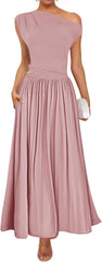 ZESICA Women's Summer 2025 Sleeveless Maxi Dress One Shoulder Casual Slim Swing Pleated Formal Dresses with Pockets
