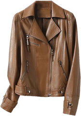 Winter Sheepskin Jackets For Women Vintage Leather Coats Zip Up Turn-Down Collar Ladies Slim Leather Jacket