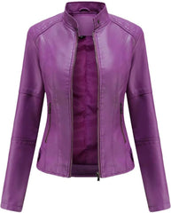 Women's PU Leather Jacket With Stand Collar Zipper Closure Biker Style For Spring And Autumn Wear