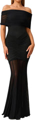 HTZMO Women Sexy Off Shoulder Bodycon Maxi Dress Strapless Ruched Wedding Guest Formal Party Long Dresses
