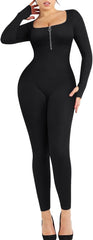 Women’s Long Sleeve Seamless Jumpsuit Ribbed Zip-Front Bodycon Romper One Piece Yoga Outfit