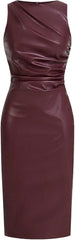 WDIRARA Women's PU Leather Ruched Sleeveless Slit Bodycon Midi Tank Dress