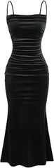 Women's Velvet Bodycon Dress Spaghetti Strap Sleeveless Wedding Guest Dress Sexy Evening Club Party Long Dresses