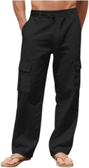 Cambkatl Men's Straight Leg Casual Linen Sweatpants Elastic Waist Loose Stretch Outdoor Hiking Cargo Pants with Pockets