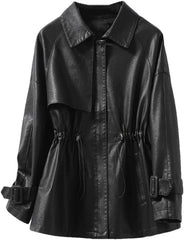 Women Elastic Waist Sheepskin Jacket Lapel Zipper Casual Long Sleeve Pockets Loose Coat