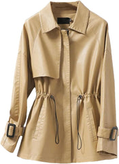 Women Elastic Waist Sheepskin Jacket Lapel Zipper Casual Long Sleeve Pockets Loose Coat