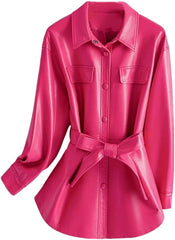Women Shirt Style Leather Turn-Down Collar Lace-Up Slim Leather Coat Split Jacket