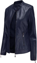 Women's PU Leather Moto Jacket Short Zipper Slim Fit Motorcycle Style Spring and Autumn Coat