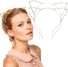 DRESHOW Rhinestone Cat Ears Headbands Kitty Crystal Hair Band for Girls and Women Pack of 2 Silver Gold Rhinestone One Size
