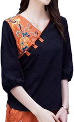 Ethnic style embroidered casual suit women, spring and retro Vneck loose cotton linen top pants twopiece set