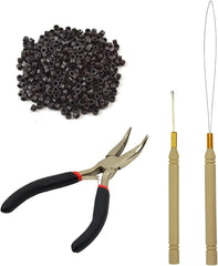 Hair Extensions Tool Kit Black Hair Pliers Pulling Hook Bead Device Tool Kits and 500 Pcs 5 mm Micro Links Rings Beads (Black)