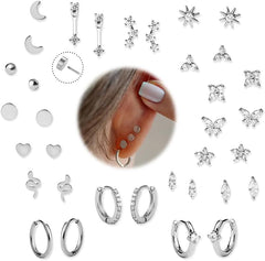 KRFY Flat Back Stud Earrings - 17 Pairs Surgical Steel Stud Earrings For Women Hypoallergenic Hoop Earrings Tiny Screw Back Cartilage Earring Set For Multiple Piercing
