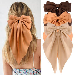 Velscrun Hair Bows for Women Girls 3Pcs White Pink Black Silky Satin Large Bows Hair Clip Oversized Hair Ribbons Long Tail Big Hair Bows Accessories