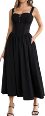 KUTUMAI Women Summer Lace Square Neck Midi Dress Corset Smocked Flowy A Line Beach Wedding Guest Dresses with Pockets