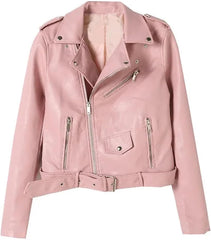 PU Leather Cropped Motorcycle Jackets For Women Spring Zipper Slim Belted Leather Jacket