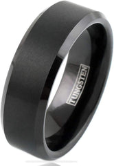 King's Cross Engraved Modern Minimalist Black Brushed Satin Finish 4mm/6mm/8mm Tungsten Carbide Band Ring w/ Beveled Edges & Comfort Fit Inner Band.