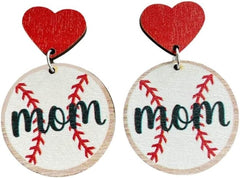 Wooden Love Heart MOM Earrings Sport Ball Baseball Basketball Volleyball Football Earrings Lightweight Stud Earrings Mother’s Day Jewelry Gift