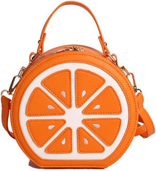 Cute Fruit Shaped Round Crossbody Bag, Lemon Lime Slices Pattern Top Handle Handbag, Novelty Fashion Orange Shoulder Purse