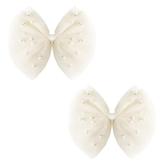 2 PCS Pearl Hair Bows Hair Clips for Toddler Girls - Elegant Ivory Lace Veil Hair Accessories for Birthday, Wedding, Halloween, Thanksgiving, and Christmas Occasions(Ivory)