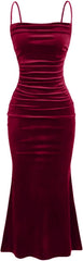 Women's Velvet Bodycon Dress Spaghetti Strap Sleeveless Wedding Guest Dress Sexy Evening Club Party Long Dresses