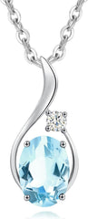 FANCIME 14K Solid White Gold Oval Gemstone Necklace with Diamond Pendant Gifts for Mom Women,16"+2" Inches
